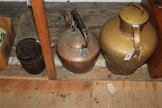 Small coopered barrel, initialled, copper kettle & large brass lidded pitcher & leather suitcase